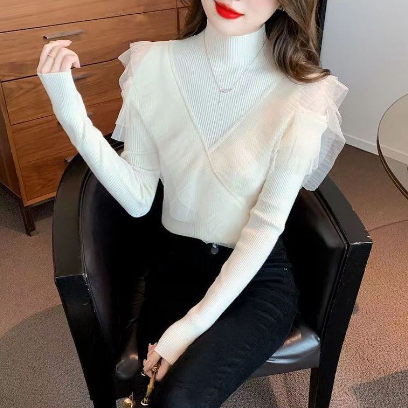 Women's Half-turtleneck Off-shoulder Sweater Mesh