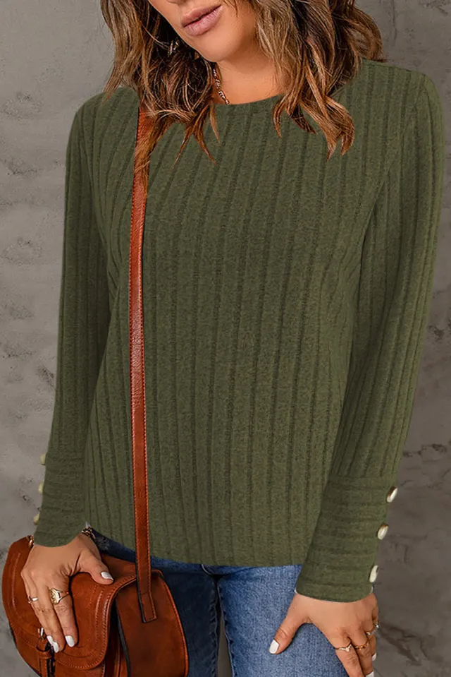 Pullover Round Neck Fashion Long Sleeve Button Top Army Green - Shop at LoveMi