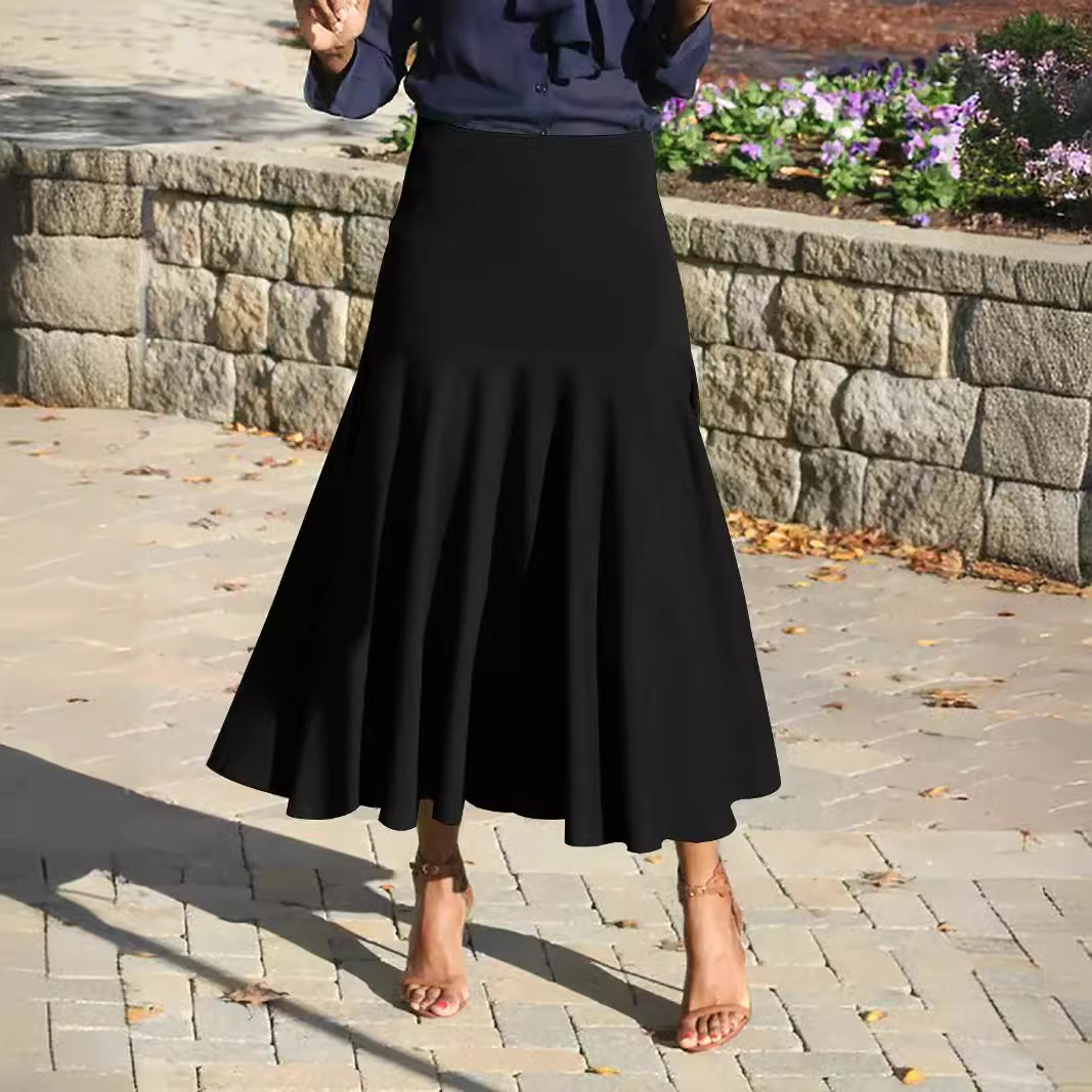 Stylish And Elegant Solid Black Waist-cinching A-line Workwear Skirt