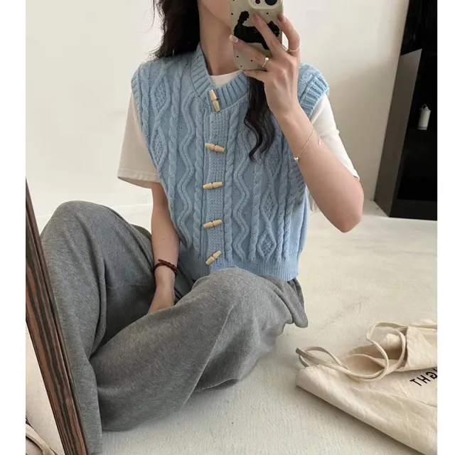 Horn Button Retro Twist Knitted Vest Cardigan For Women Blue - Shop at LoveMi