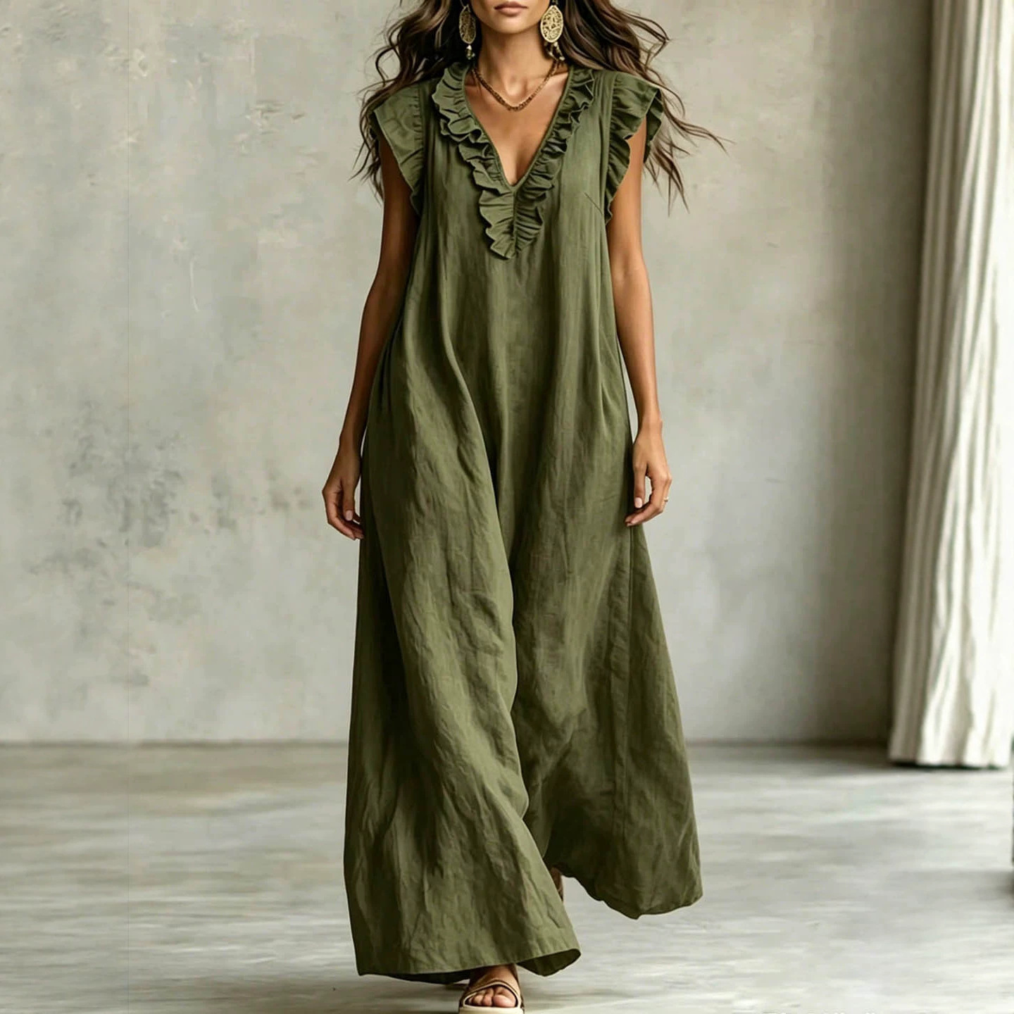 Robe ample femme col V à volants