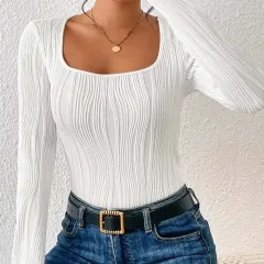 Women's Fashion Elegant Stitching Solid Color Water Ripple Long Sleeve U-collar Jumpsuit - White - View 1