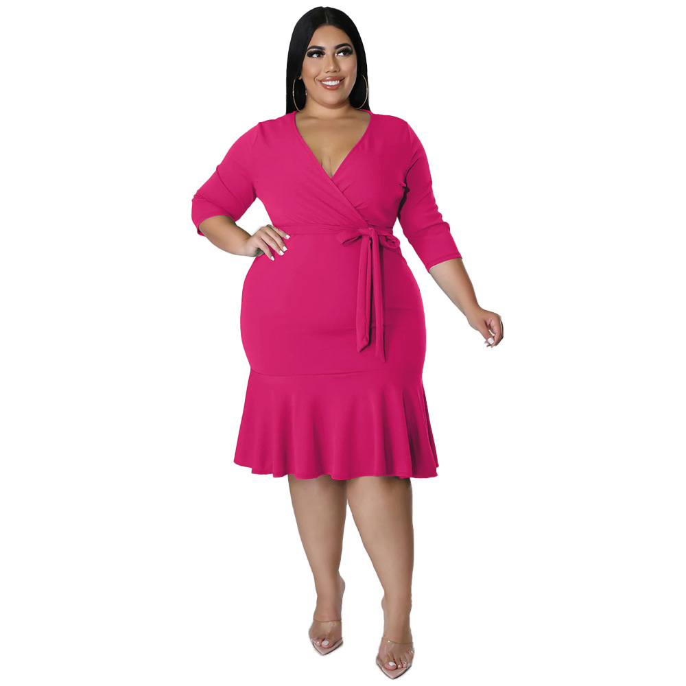 Sexy V Neck Lace Up Bodycon Dress With Ruffled Hem Plus Size Women's Wear Rose - Shop at LoveMi