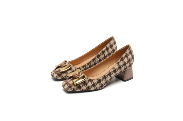 Chunky Heel Mary Jane Shoes Metal Buckle Commuter Houndstooth 40 - Shop at LoveMi