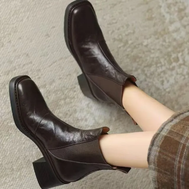 Women's Soft Leather Chunky Heel French Boots Brown - Shop at LoveMi