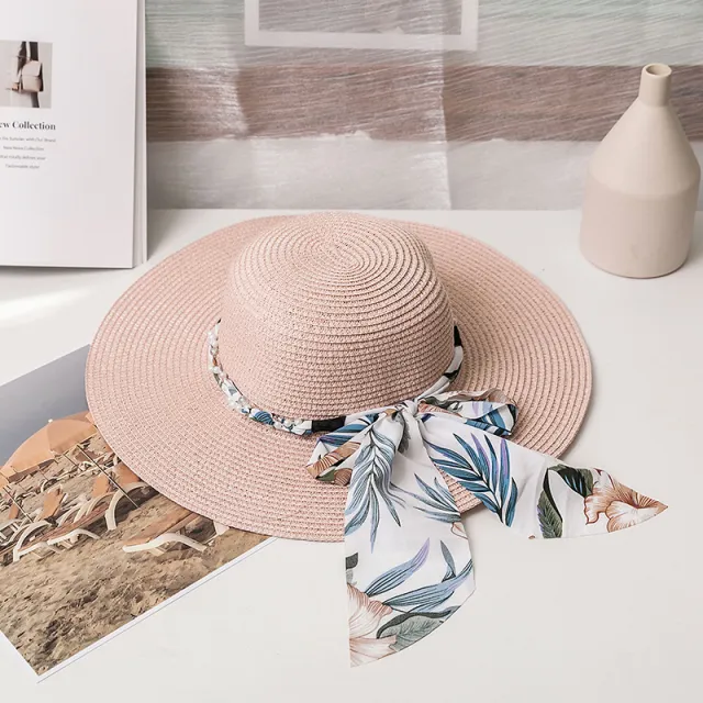Bow Ribbon Broad brimmed Hat Silk Scarf Straw Woven Vacation Sun Protection Folding Straw Hat Pink - Shop at LoveMi