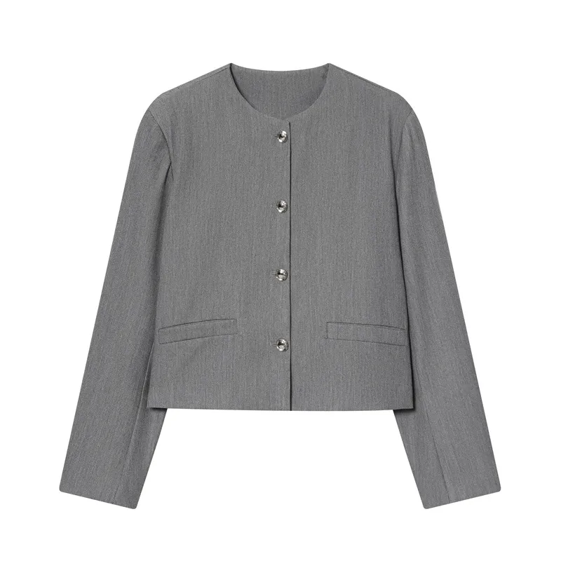 Women's Elegant Round-neck Cropped Blazer - Grey