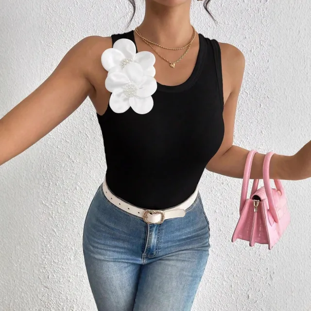 Womens Sleeveless 3D Floral Decorated Solid Color Tank Top Black - Shop at LoveMi
