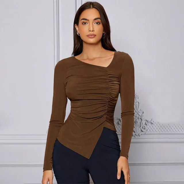 Women's French Elegant Style T Shirt AutumnWinter Domineering And Intellectual Style High End Slim Fit Top Brown - Shop at LoveMi