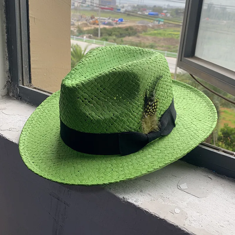 Eight-point Grass Hand-knitted Feather Fedora Hat - Green