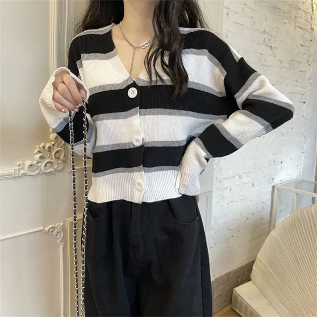 French Style Vintage Stripe Knitted Cardigan Outer Wear Short Sweater For Women Black - Shop at LoveMi