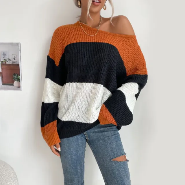Autumn New European And American Women's Clothing Striped Contrast Color Knitwear Round Neck Loose Sweater Black And White - Shop at LoveMi