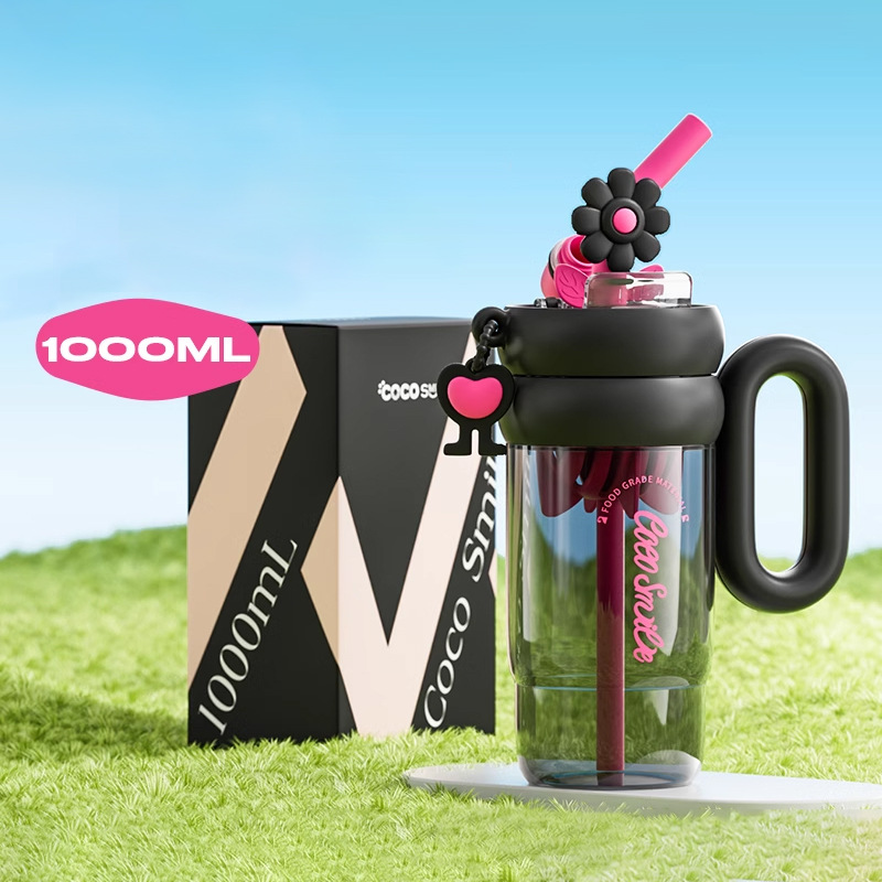 كوب بمقبض دائري مزهر كبير السعة للاستخدام الخارجي كوب صيفي للشرب المستقيم مع مصفاة شاي وقشة