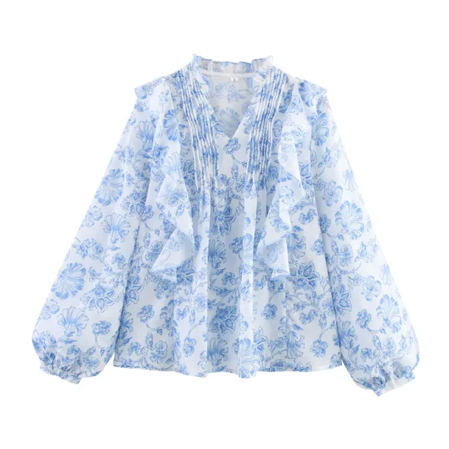 Floral Ruffled And Laminated Decoration Printed Shirt Blue - Shop at LoveMi