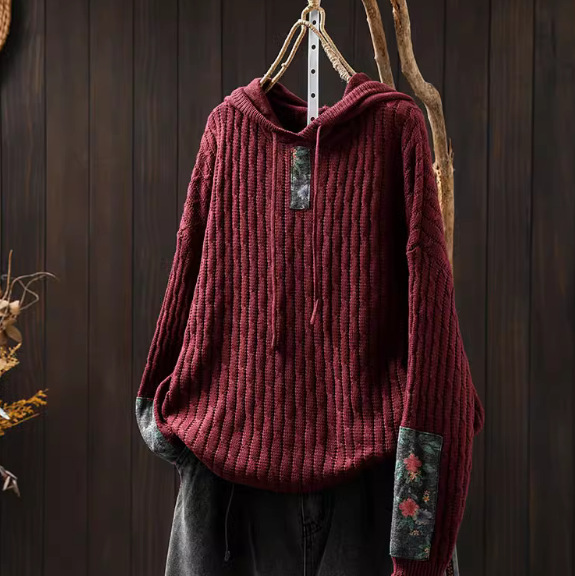 Womens Ethnic-Style Loose-Fit Oversized Sweater With Drawstring Hood
