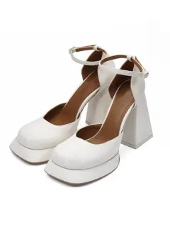 Chunky Heel Petite Vintage Platform Mary Jane Shoes - White - View 1