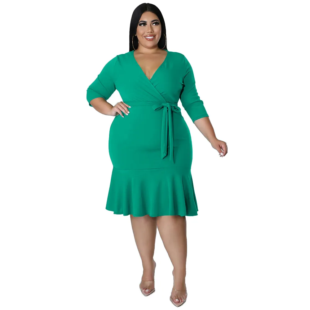 Sexy V-Neck Lace-Up Bodycon Dress With Ruffled Hem Plus-Size Women's Wear - Green