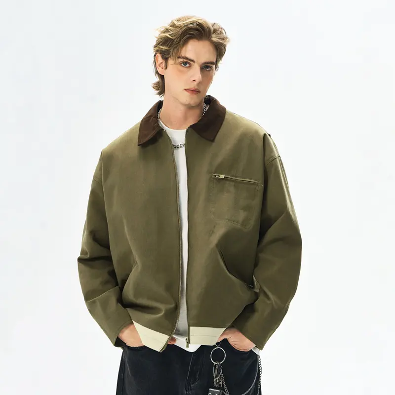 Contrast Color Washed Polo Collar Jacket Men