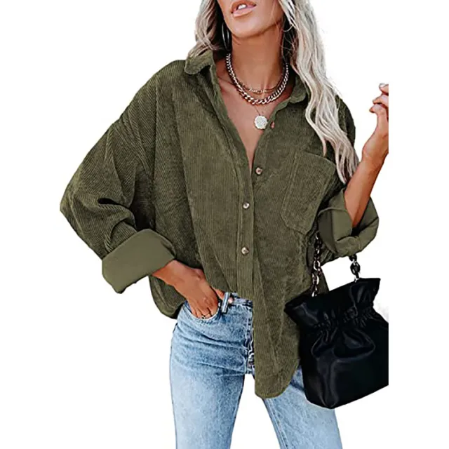 Women's Shirt Solid Color Polo Collar Corduroy Casual Coat Army Green - Shop at LoveMi