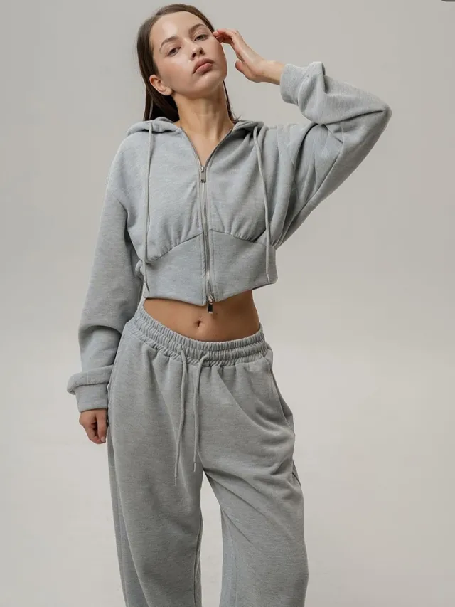 Long Sleeve Zipper Hooded Sweater Solid Color Laced Pants Two piece Set Gray - Shop at LoveMi