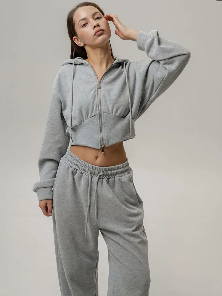 Long Sleeve Zipper Hooded Sweater Solid Color Laced Pants Two-piece Set - Gray