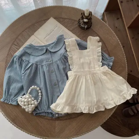 Infant Single-breasted Long Sleeve Small Plaid Romper Sling Overskirt