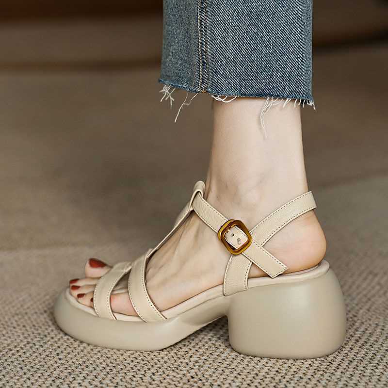 Sandales à talons épais et à semelles épaisses pour femmes en cuir véritable – Image 6