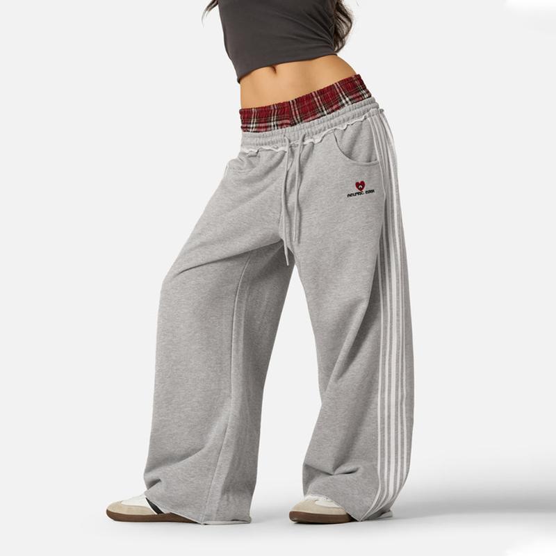 Casual Side Three-bar Stitching Plaid Loose Wide Leg Straight Sweatpants