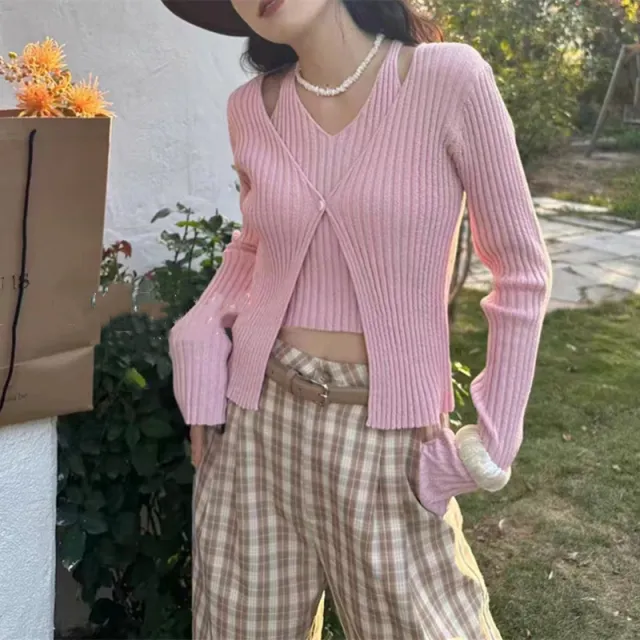 Women's Fake Two piece Sunken Stripe Long sleeved Sweater Pink - Shop at LoveMi