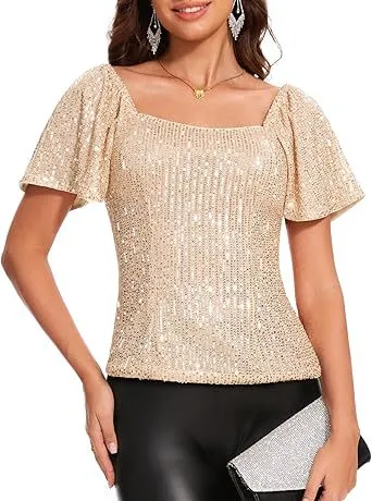 Women's Square Collar Fashion Short Sleeve Sequins Puff Sleeve Shirt Apricot - Shop at LoveMi