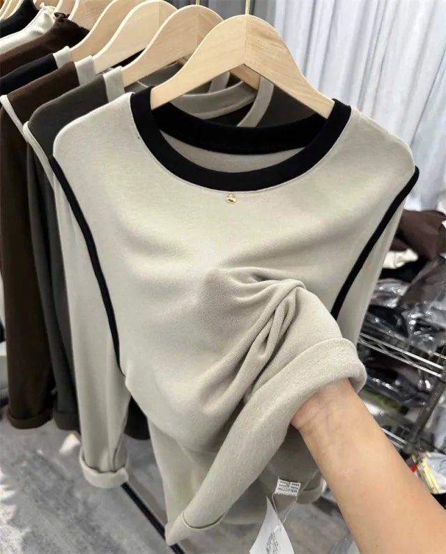 Autumn And Winter Fleece lined Thick Round Neck Loose T shirt Beige - Shop at LoveMi