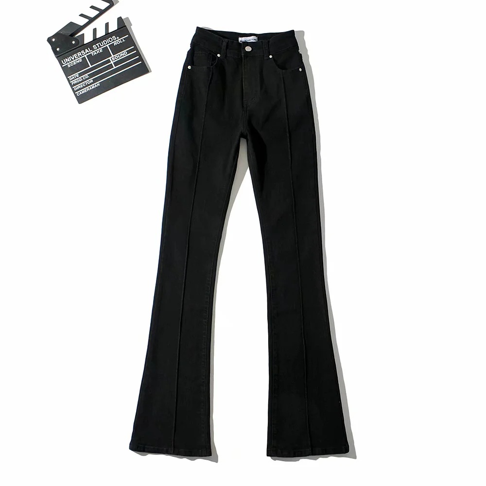 European And American Retro High Waist Bootcut Pants Back Waist Hollow out Middle Seam Design Black - Shop at LoveMi
