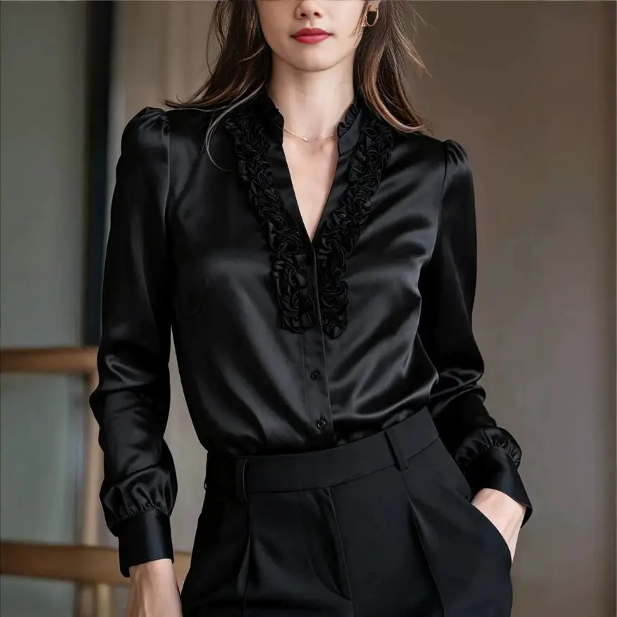 New V-neck With Ruffled Trim Solid Color