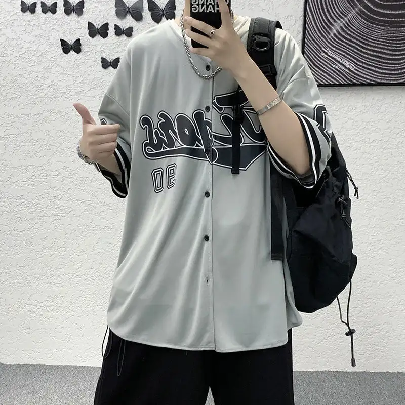 All-match Fashion Hip Hop Cardigan Baseball Uniform Short Sleeve Shirt Men