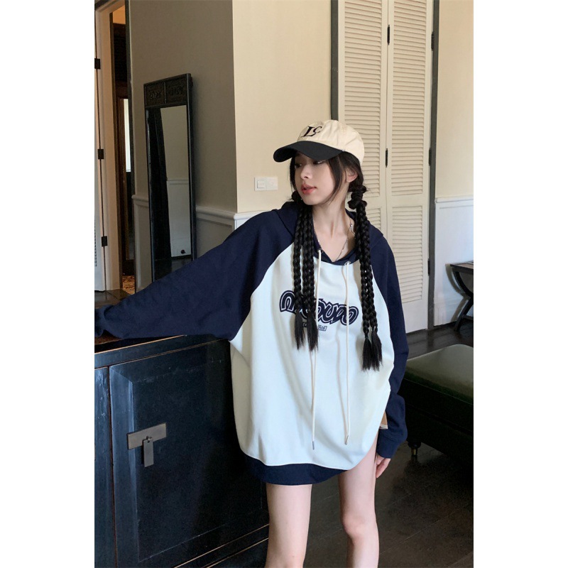 Women's Embroidered Letter Raglan Sleeve Hooded Sweater Dark Blue - Shop at LoveMi