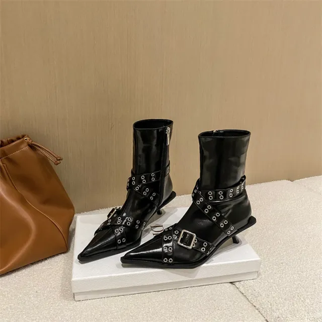 Pointed Stiletto Cross Belt Buckle Booties Women Black - Shop at LoveMi
