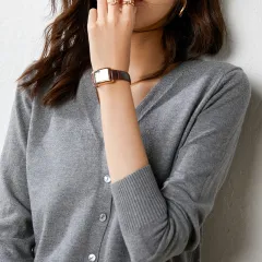 Knitted Cardigan Long Sleeve Button V-neck Cropped Sweater Coat - Grey - View 1