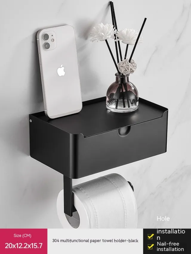 Stainless Steel Tissue Wet Tissue Box Toilet Paper Holder Punch free Mobile Phone Roll Stand Black - Shop at LoveMi