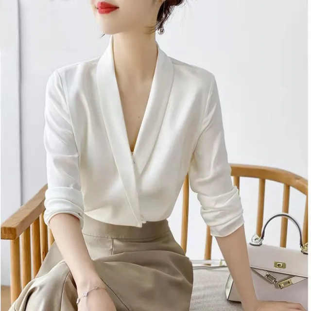 Long Sleeve Temperament Commute Suit Collar Professional Top White - Shop at LoveMi