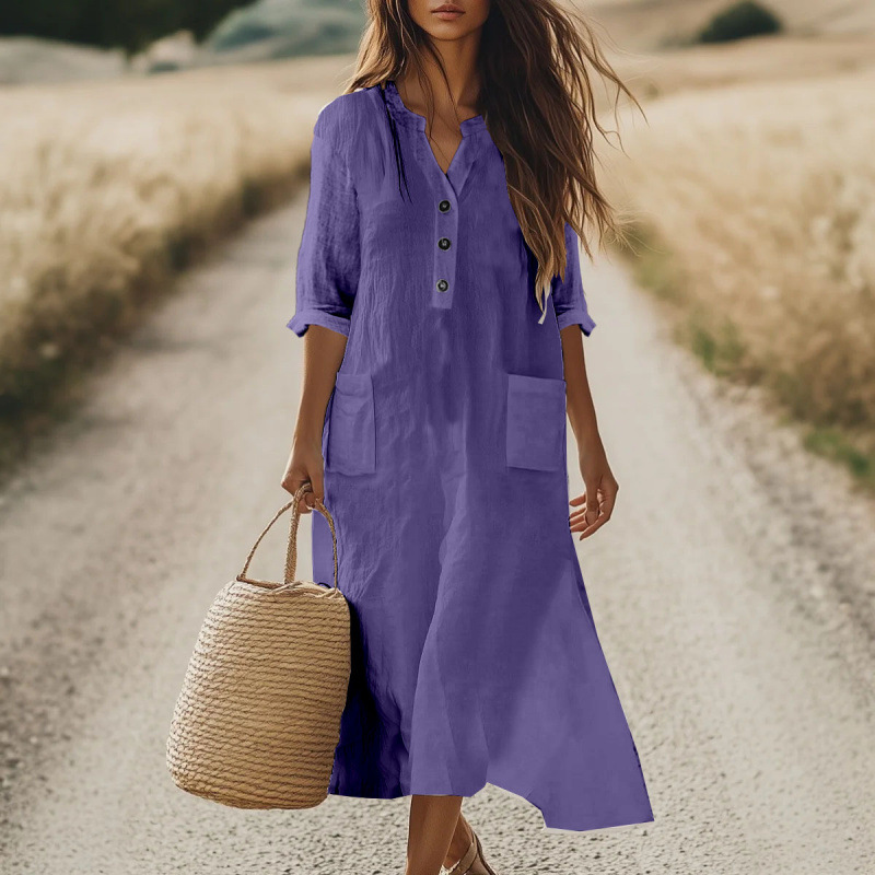 Women's Solid Color Loose Bohemian Resort Cotton Linen Dress With Pockets Purple - Shop at LoveMi