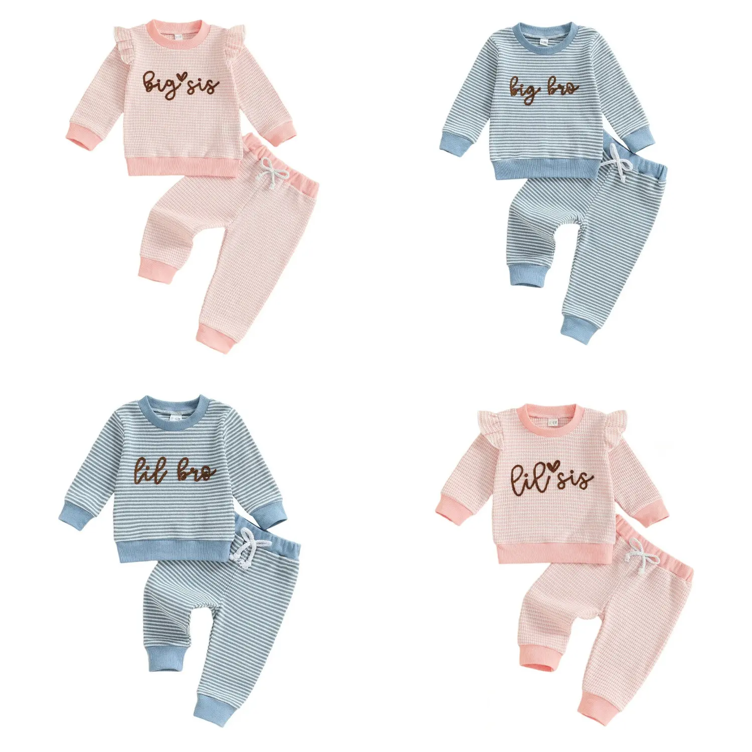 Letter-embroidered Long-sleeve Striped Top And Pants Two-piece