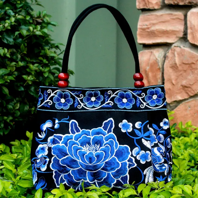 Ethnic Style Embroidered Handbag Wooden Bead Lace Bag White - Shop at LoveMi