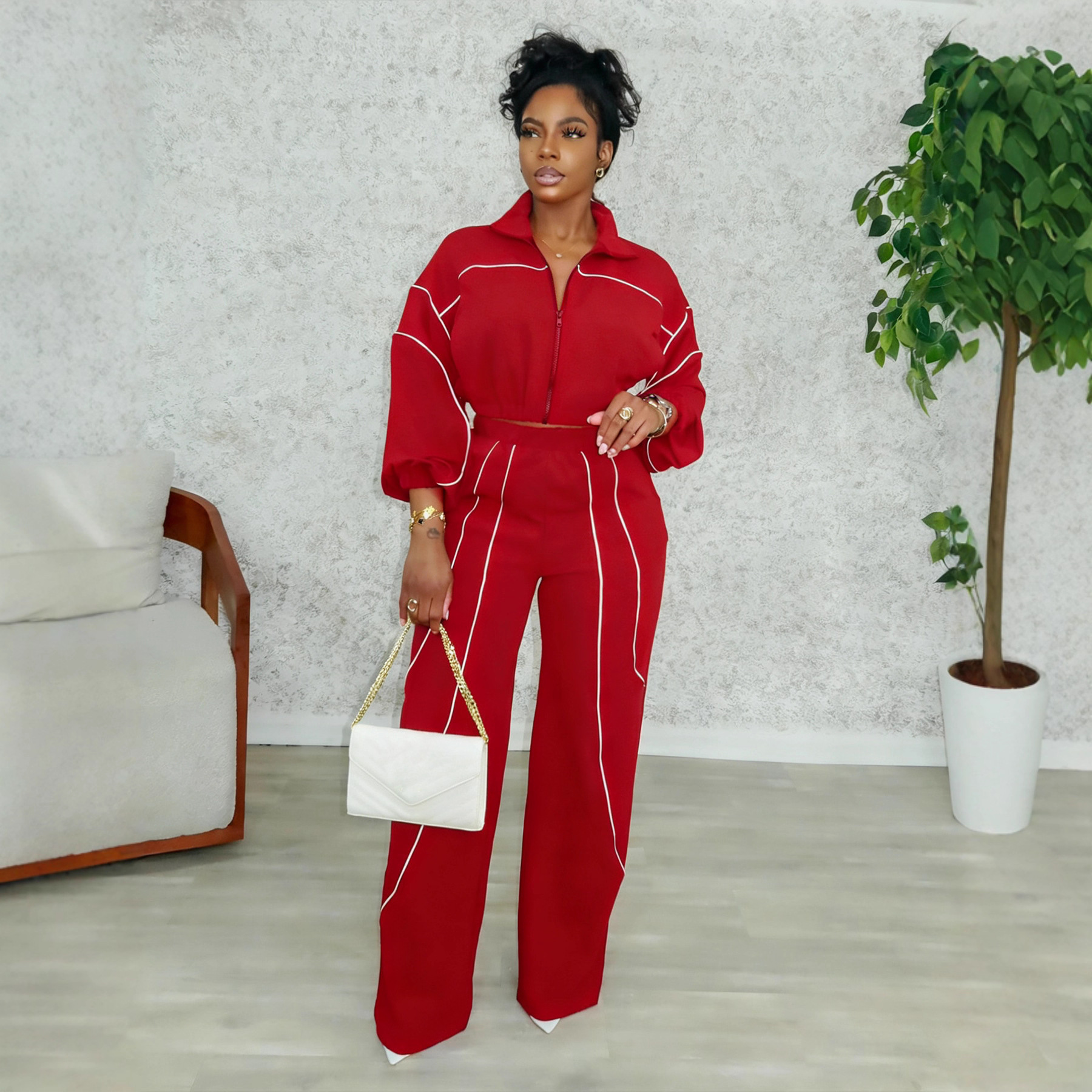 Fashionable Color-block Top And Pants Two-piece Set