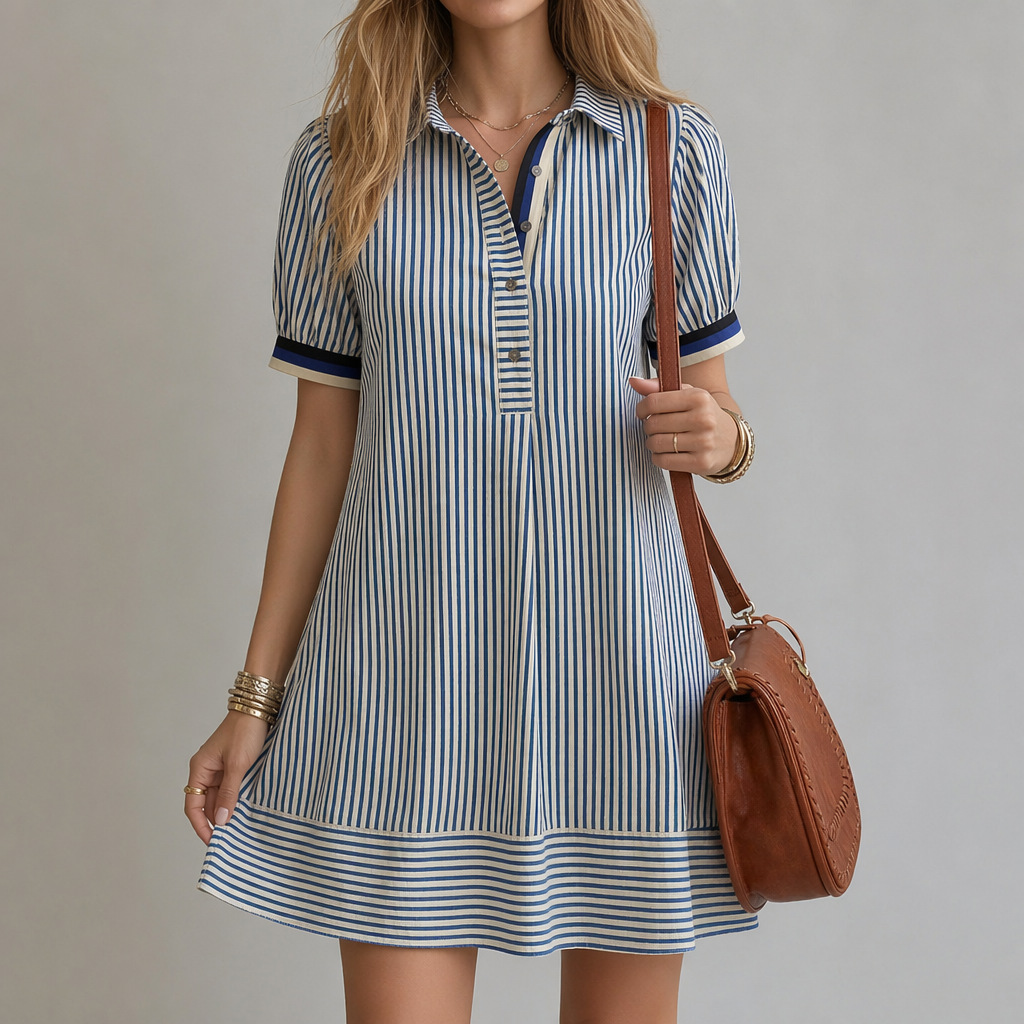 Striped Stand-collar Button-up Puff-sleeve Dress