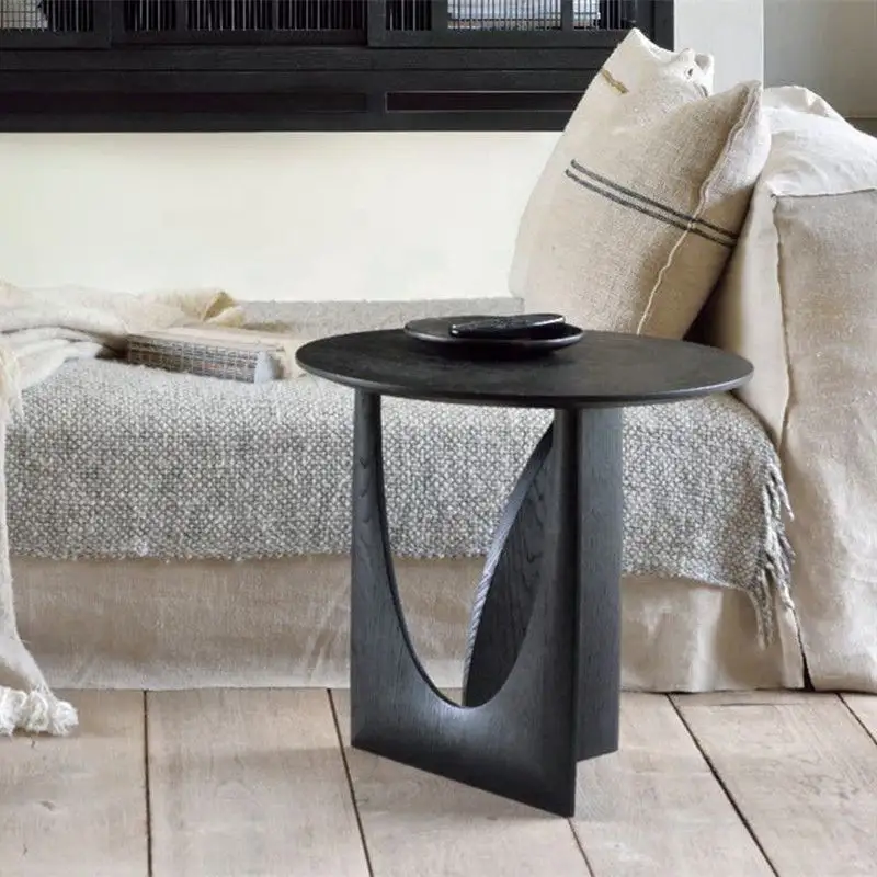 Round Solid Wood Side Table Geometric Designer Corner Black