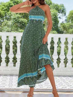 Halter Spaghetti Straps Printed Fashion Loose Sleeveless Dress - Green - View 1