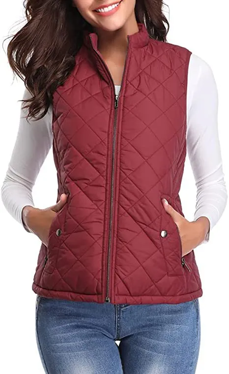 Women's Cotton Vest Stand Collar Zipper Pocket Warm - Wine Red