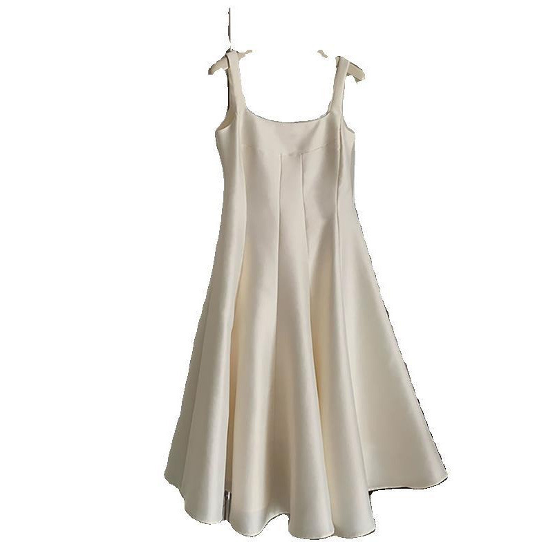 Female Solid Color Casual Glossy Waist tight Temperament Camisole Dress Beige - Shop at LoveMi