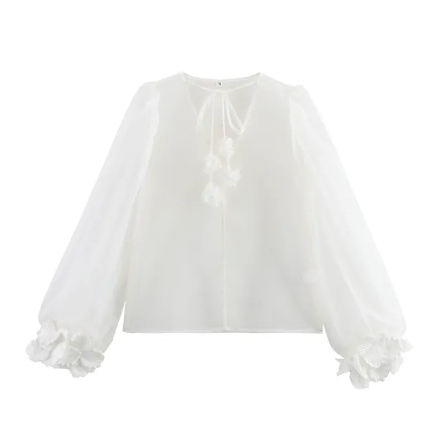 V neck Puff Sleeve Three dimensional Flower Decoration Sheer Top White - Shop at LoveMi
