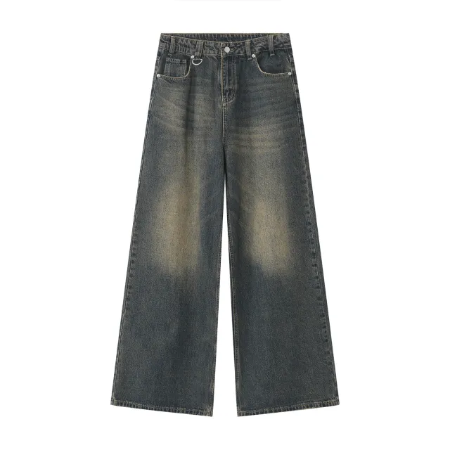 Retro Style Distressed Loose Wide Leg Mopping Jeans Yellow - Shop at LoveMi